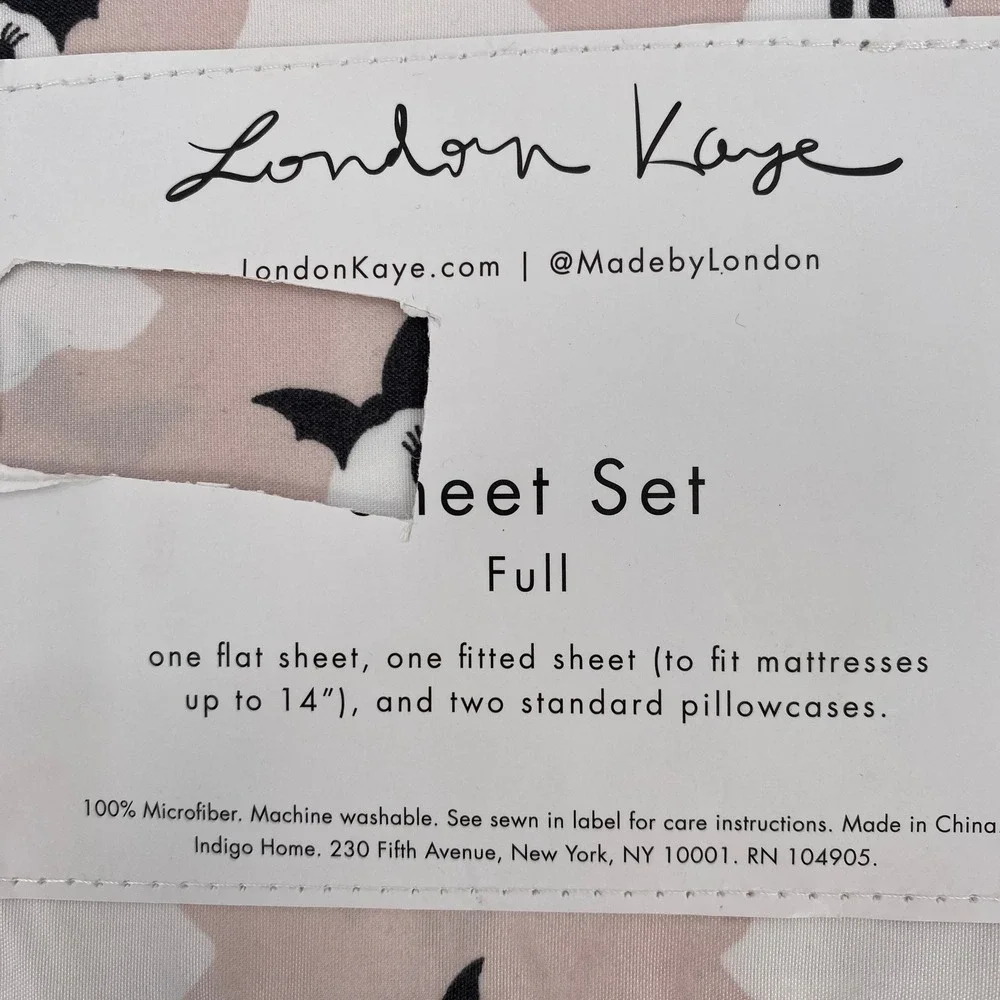 London Kaye Sheet Set Full Ghost Pink Halloween Spooky Bat Bow 4pc Microfiber